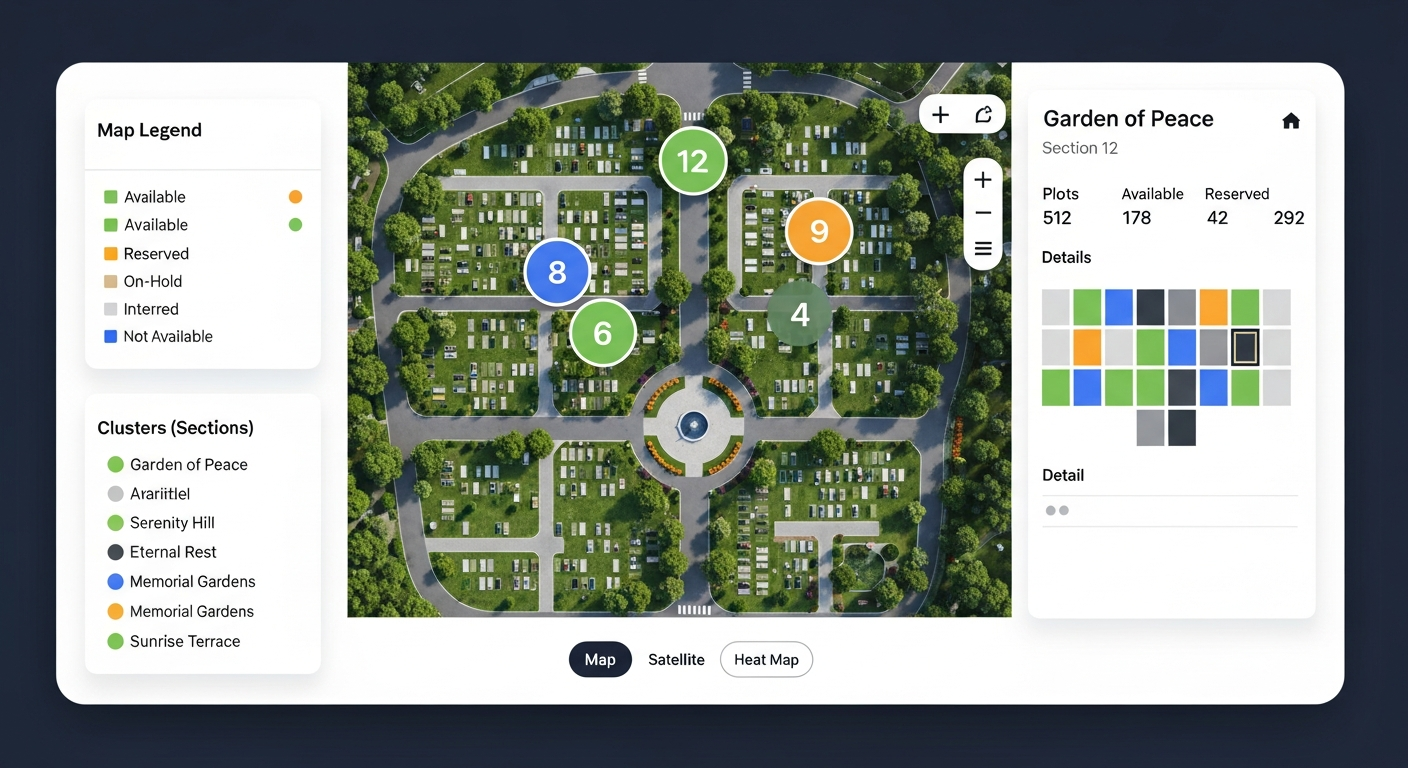 Cemetery master site plan with color-coded plot sections